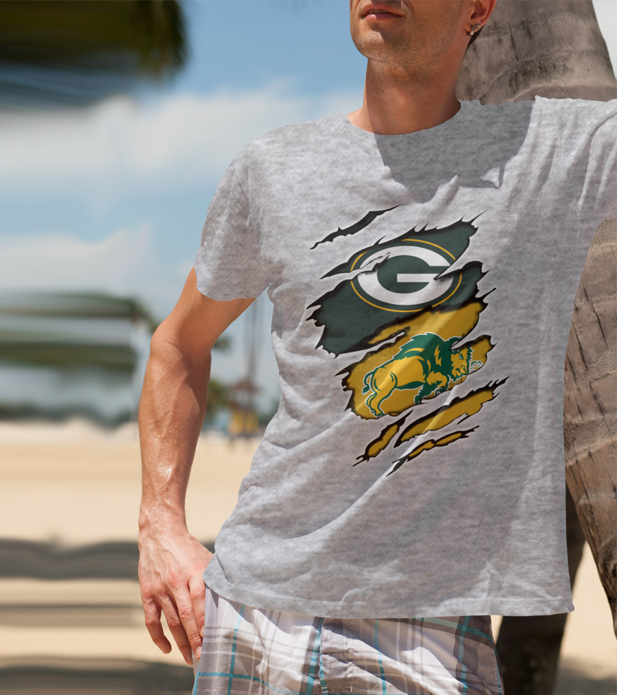 Packers Green And Gold G Logo With Dakota Bison Ripped T-Shirt