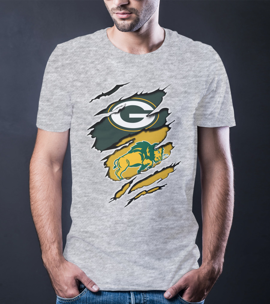 Packers Green And Gold G Logo With Dakota Bison Ripped T-Shirt
