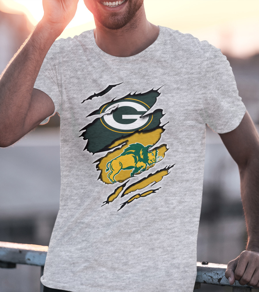 Packers Green And Gold G Logo With Dakota Bison Ripped T-Shirt
