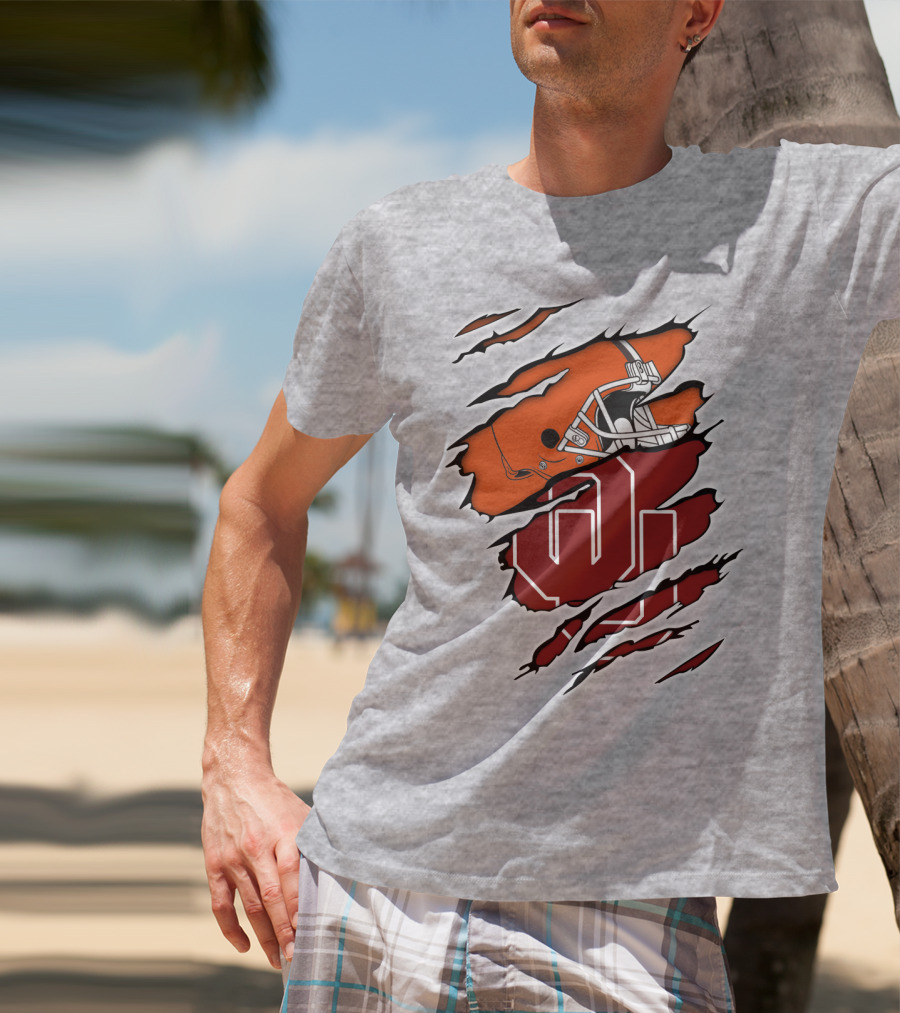 Browns Football Helmet With University Of Oklahoma T-Shirt