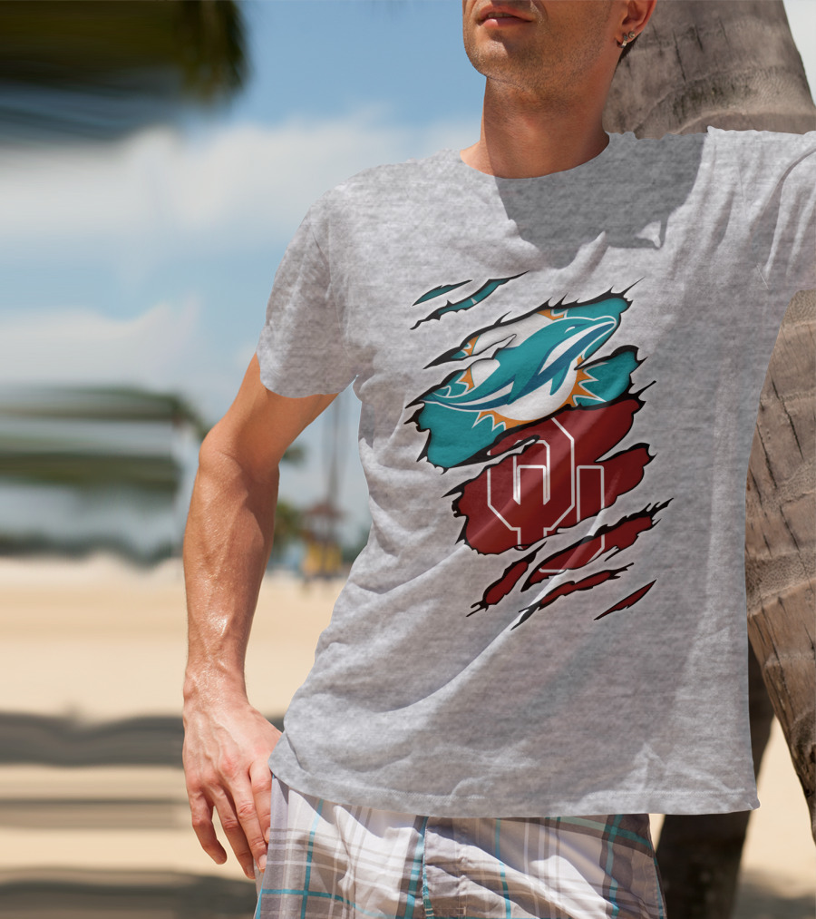 Miami Dolphins Oklahoma Sooners Teal Aqua Crimson Red Blend T-Shirt