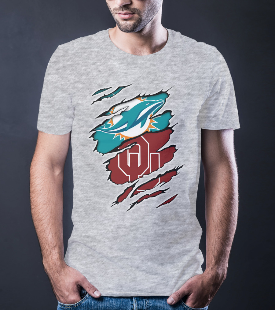 Miami Dolphins Oklahoma Sooners Teal Aqua Crimson Red Blend T-Shirt