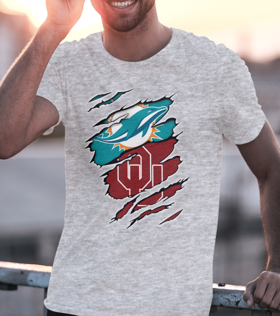 Miami Dolphins Oklahoma Sooners Teal Aqua Crimson Red Blend T-Shirt