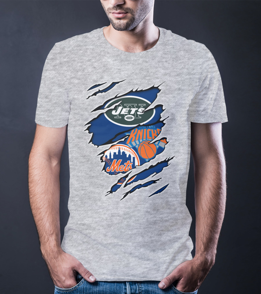 New York Jets Mets Knicks Logo Fusion NFL MLB NBA Team Pride T-Shirt