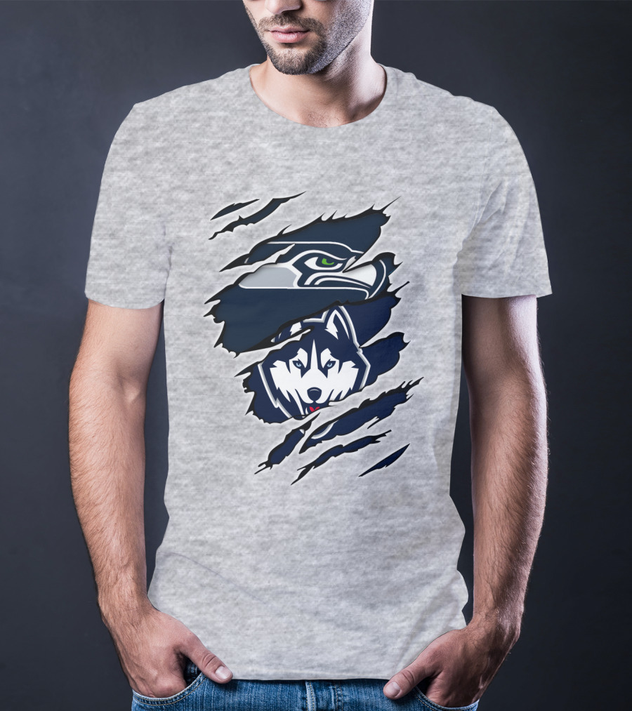 Seahawks Huskies Logo Mashup Aggressive Ripped T-Shirt
