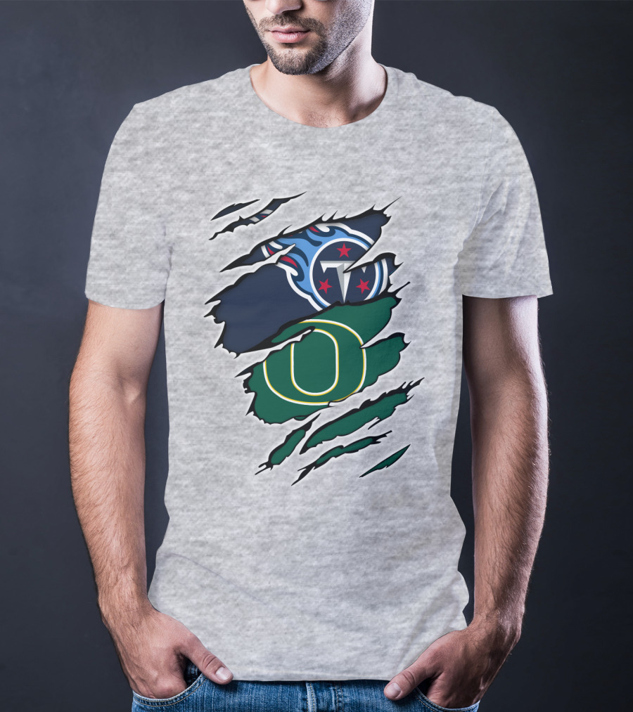 Tennessee Titans And Oregon Ducks Ripped Logo Claw Marks T-Shirt
