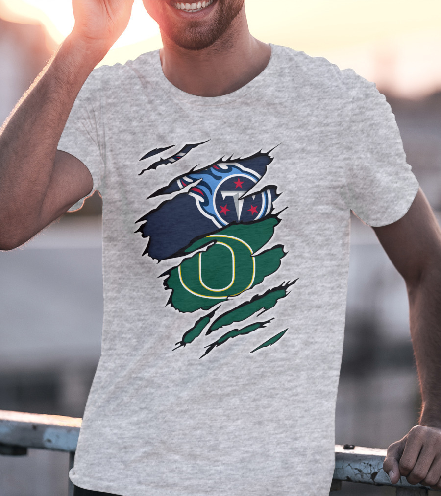 Tennessee Titans And Oregon Ducks Ripped Logo Claw Marks T-Shirt