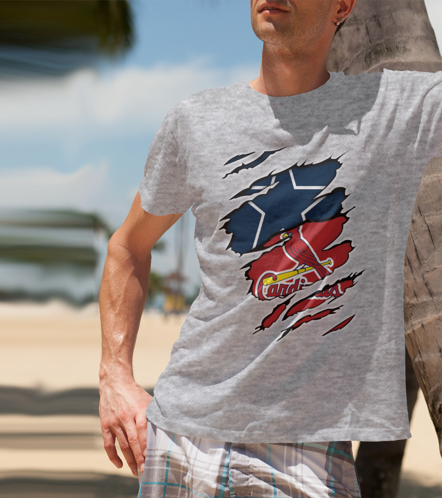 Cowboys Cardinals Star And Bird Logos On Torn Background T-Shirt