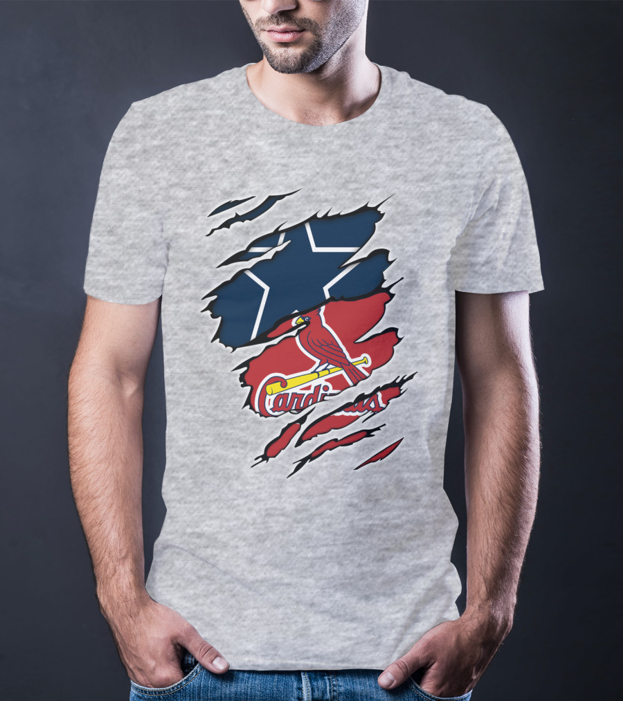 Cowboys Cardinals Star And Bird Logos On Torn Background T-Shirt