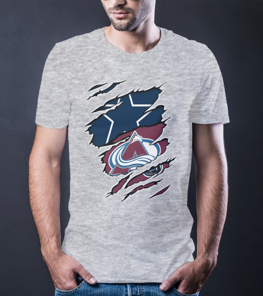 Cowboys And Avalanche Logos Combined Through Torn Fabric T-Shirt