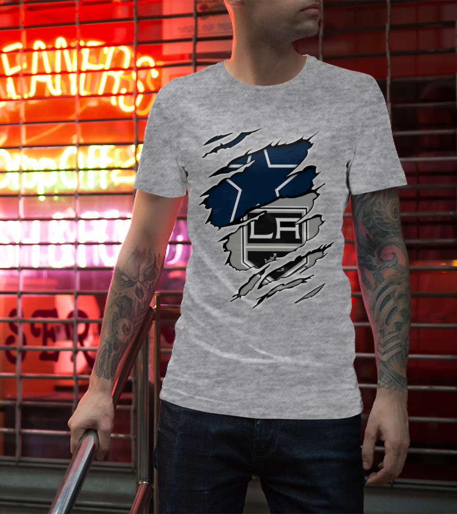 Cowboys Kings LA Logos Behind Torned Blue Star T-Shirt