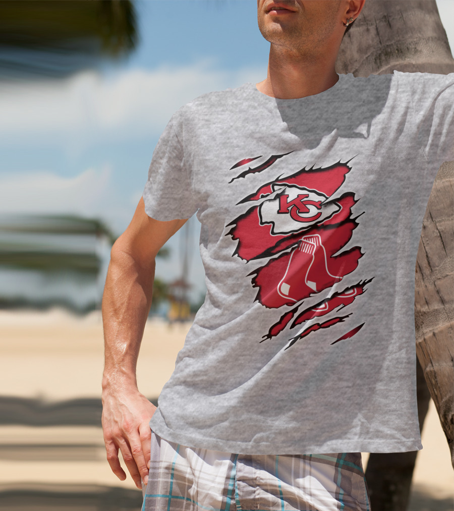 Chiefs Redsox KC Logo And Sox Emblem Torn T-Shirt