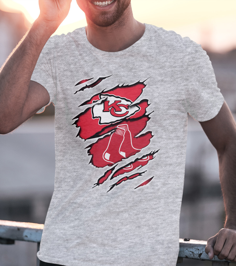 Chiefs Redsox KC Logo And Sox Emblem Torn T-Shirt