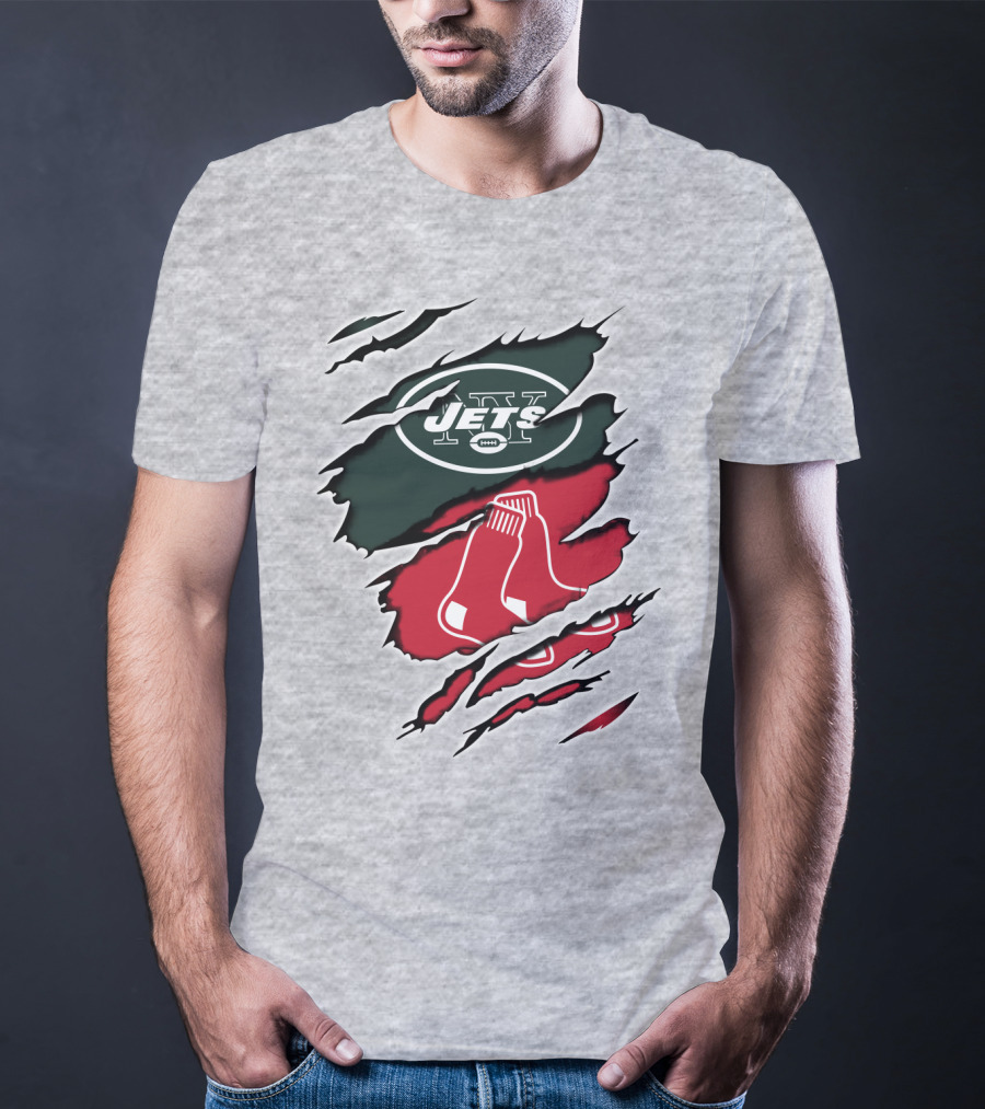 Jets Redsox Torn Logos Green Football Red Socks T-Shirt