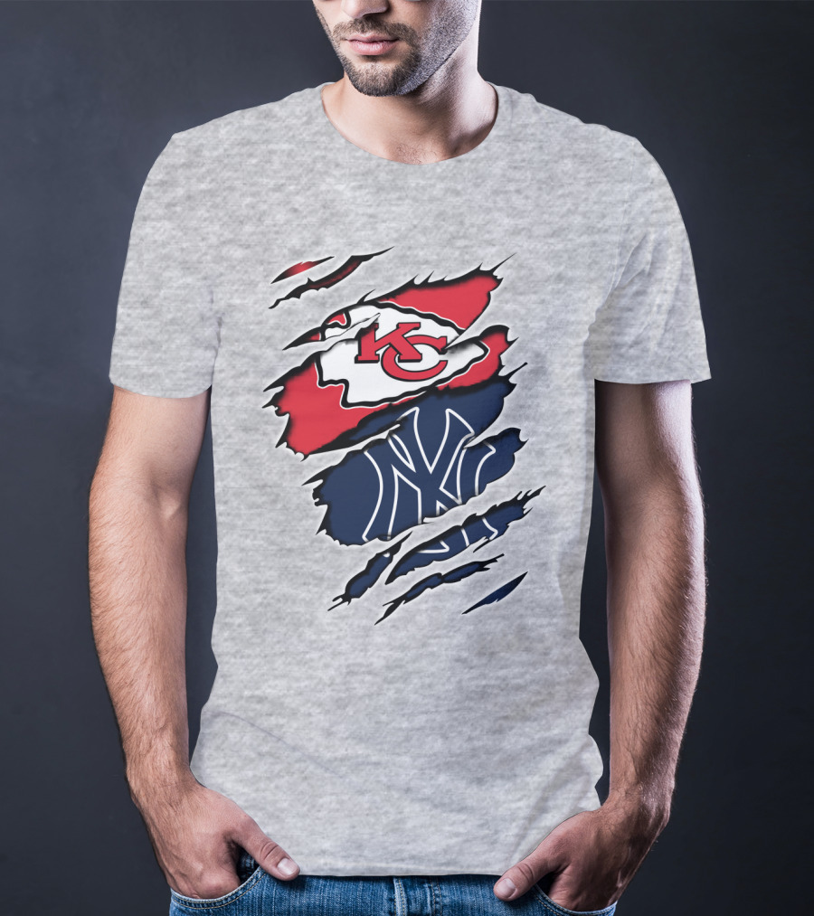 Chiefs Yankees KC NY Hybrid Logo Ripped T-Shirt