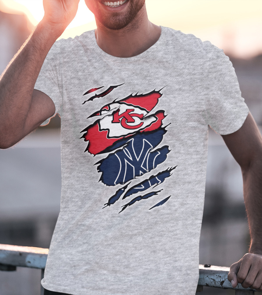 Chiefs Yankees KC NY Hybrid Logo Ripped T-Shirt