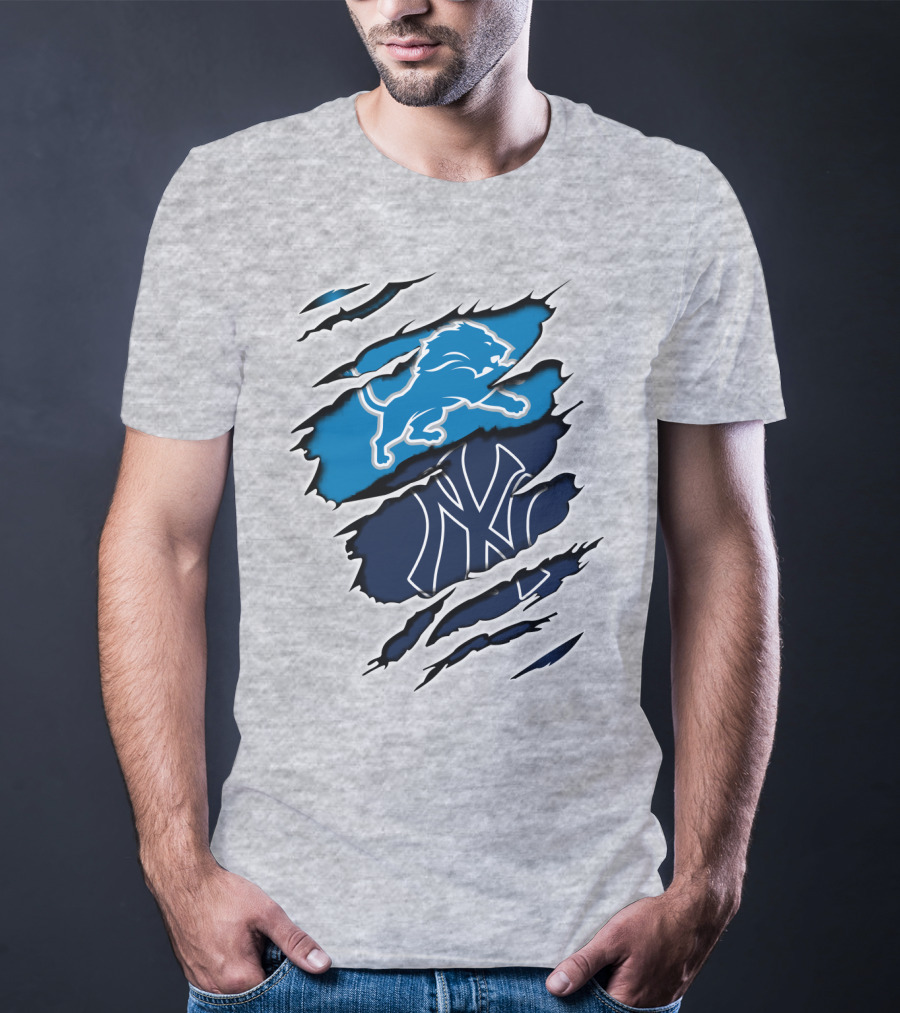 Detroit Lions And New York Yankees Ripped Claw T-Shirt
