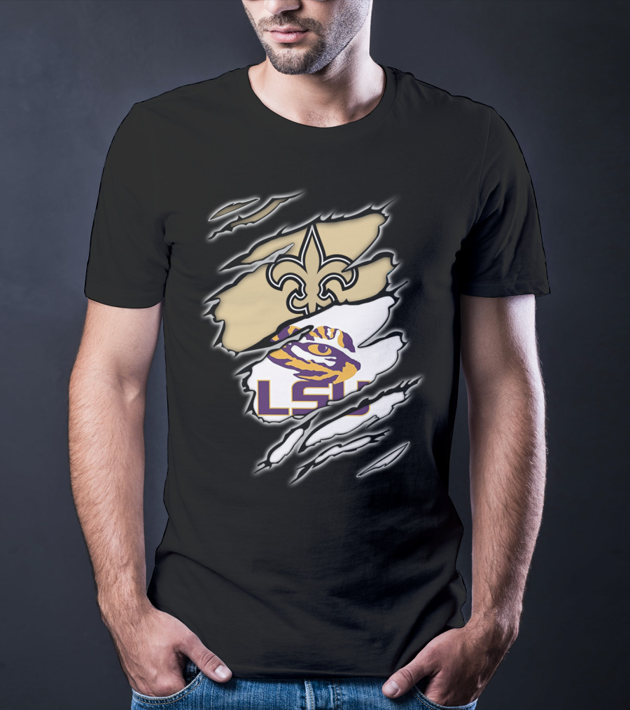 Saints Fleur-de-Lis And LSU Tigers Eye Logo Integration T-Shirt