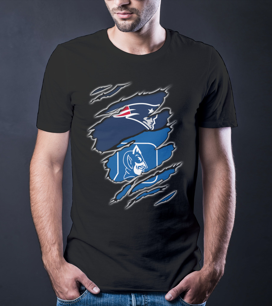 New England Patriots And Duke Blue Devils Logos In Claw Marks T-Shirt