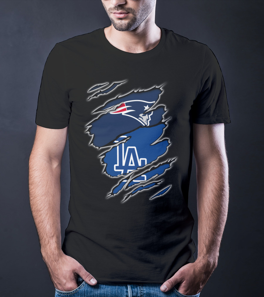 Patriots And LA Dodgers Logos In Torn Fabric T-Shirt