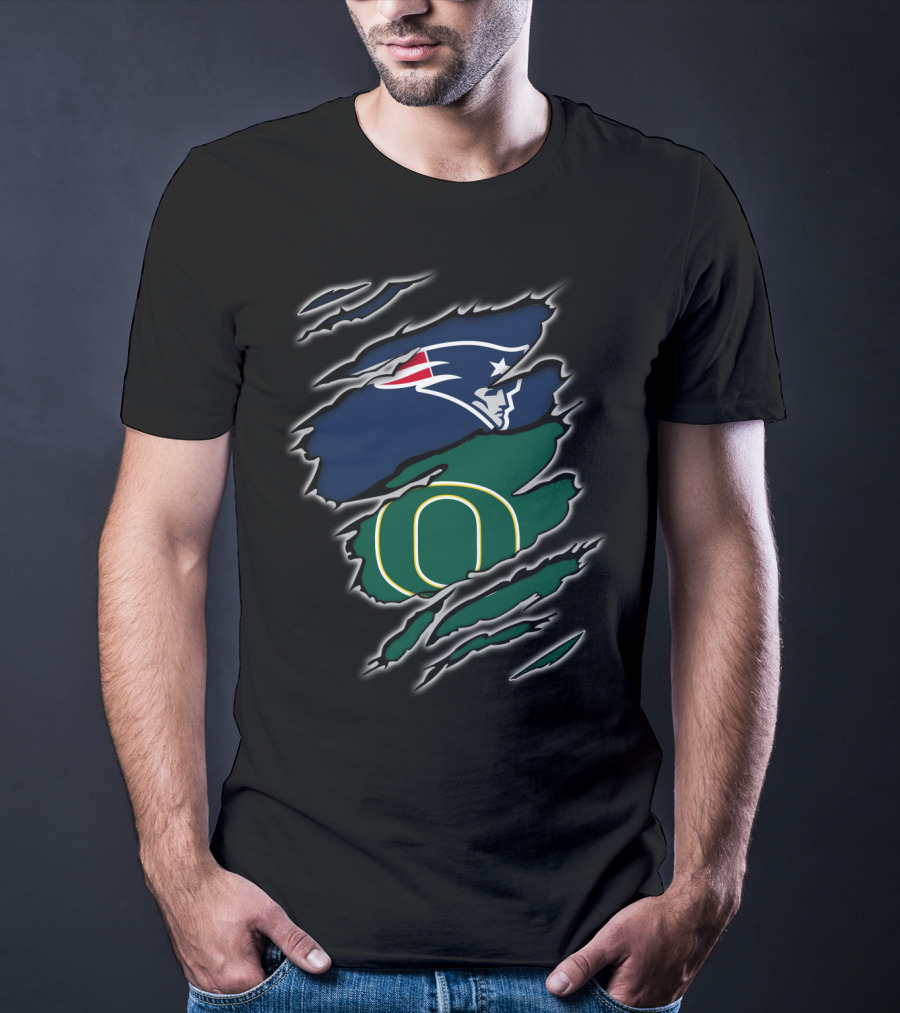 New England Patriots And Oregon Ducks Logos Torn Claw Marks Display T-Shirt