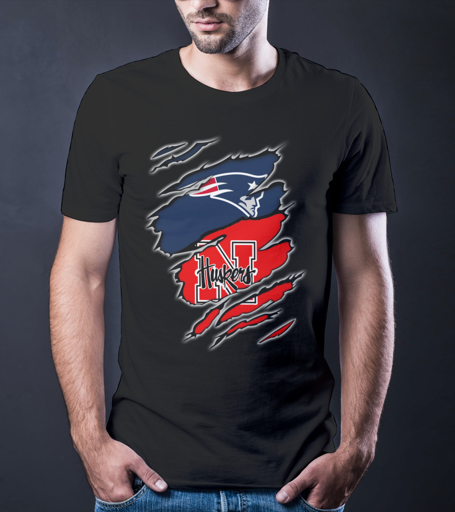 Patriots Logo With Huskers Nebraska N And Huskers Text In Torn T-Shirt
