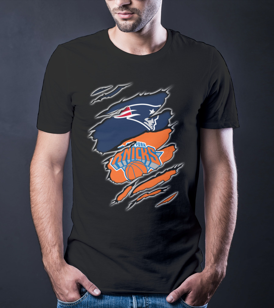 Patriots Emblem Overlaid With New York Knicks Basketball Motif T-Shirt