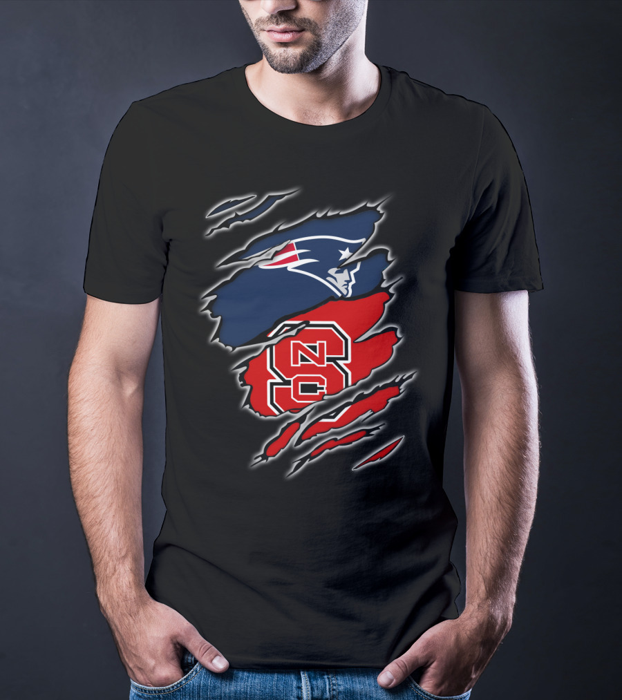 Ripped Design Featuring Patriots Logo And NC State Wolfpack T-Shirt