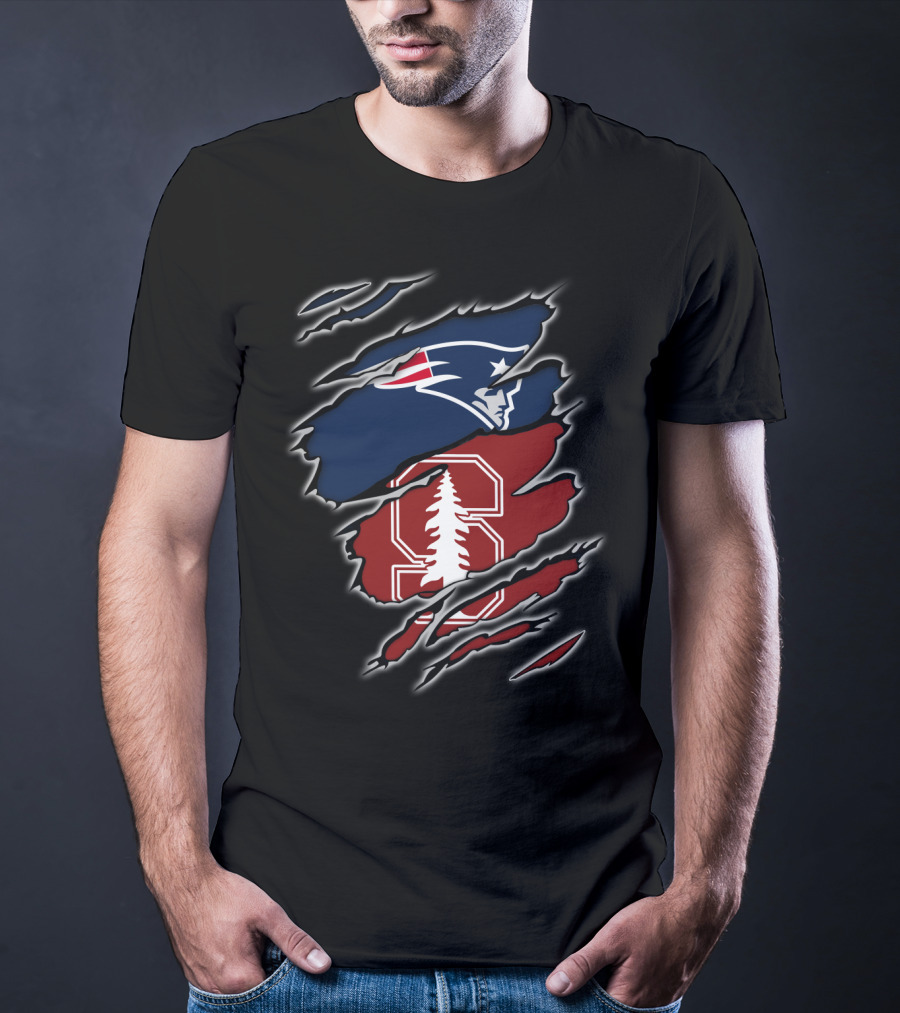 New England Patriots And Stanford Cardinal Logos In Torn T-Shirt
