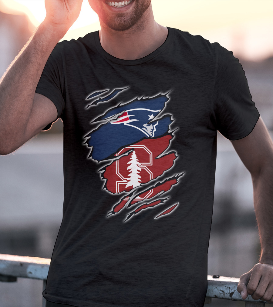 New England Patriots And Stanford Cardinal Logos In Torn T-Shirt