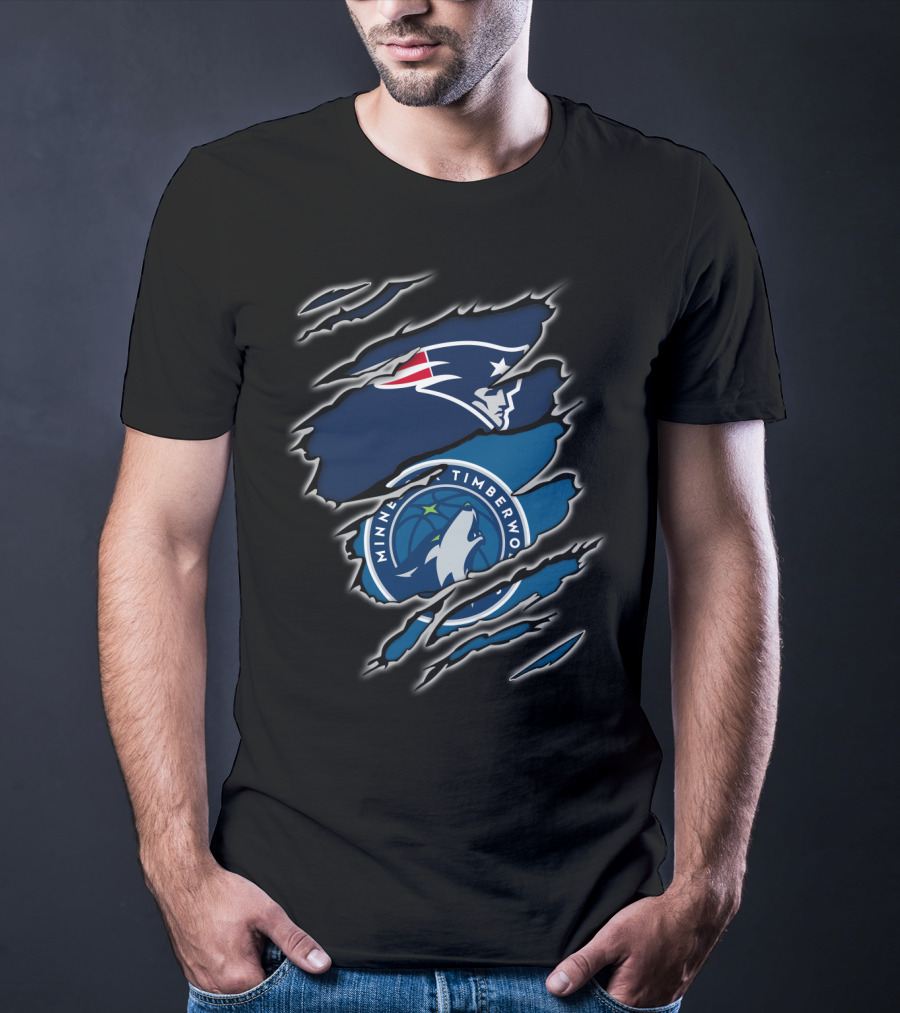 New England Patriots And Minnesota Timberwolves Logos Claw Rip T-Shirt