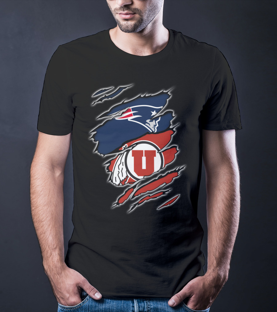 New England Patriots And Utah Utes Torn Ripped Combo T-Shirt
