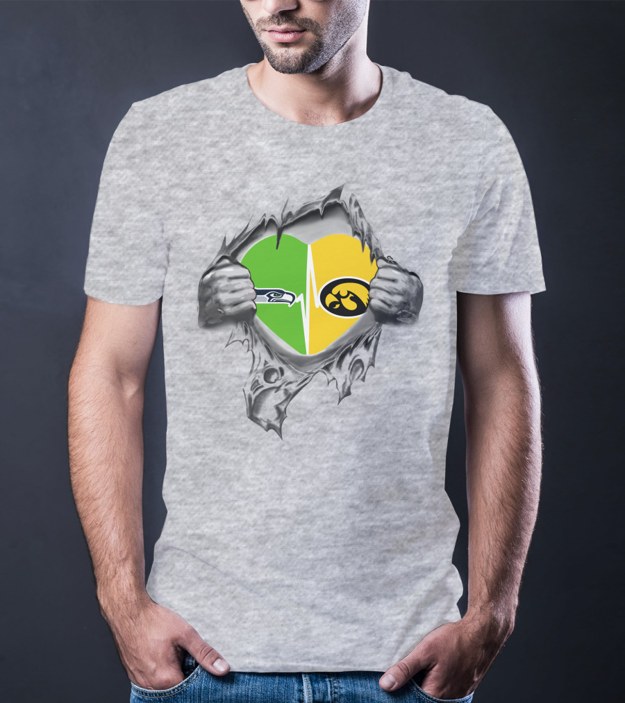 Hawkeyes Seahawks Heart Split Torn Grey Background T-Shirt
