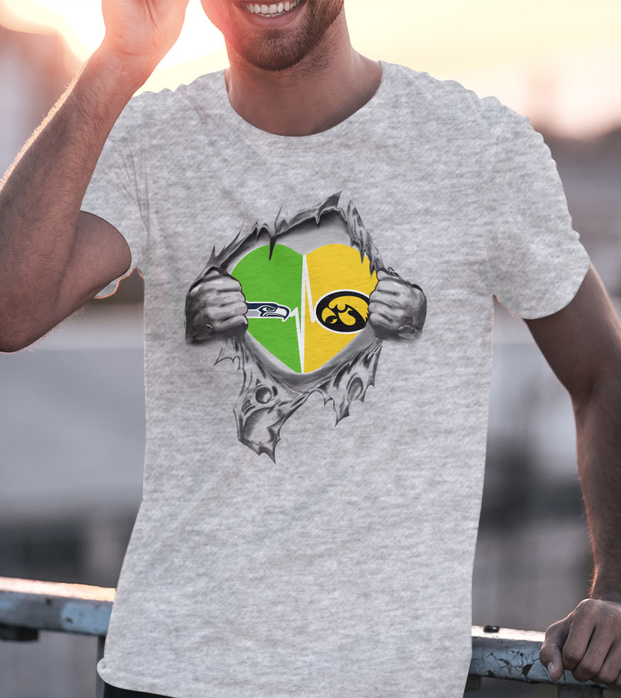 Hawkeyes Seahawks Heart Split Torn Grey Background T-Shirt