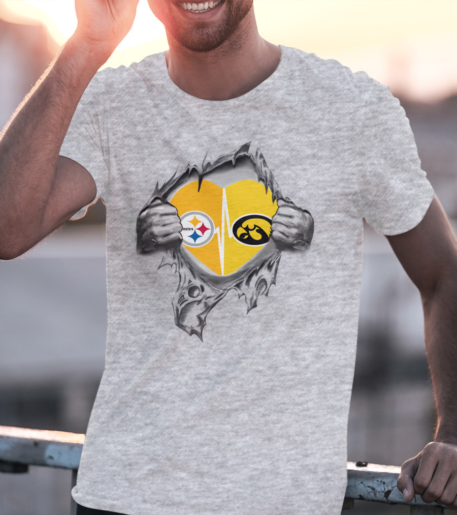 Steelers Hawkeyes Heartbeat Peeling Hands Football Fan T-Shirt