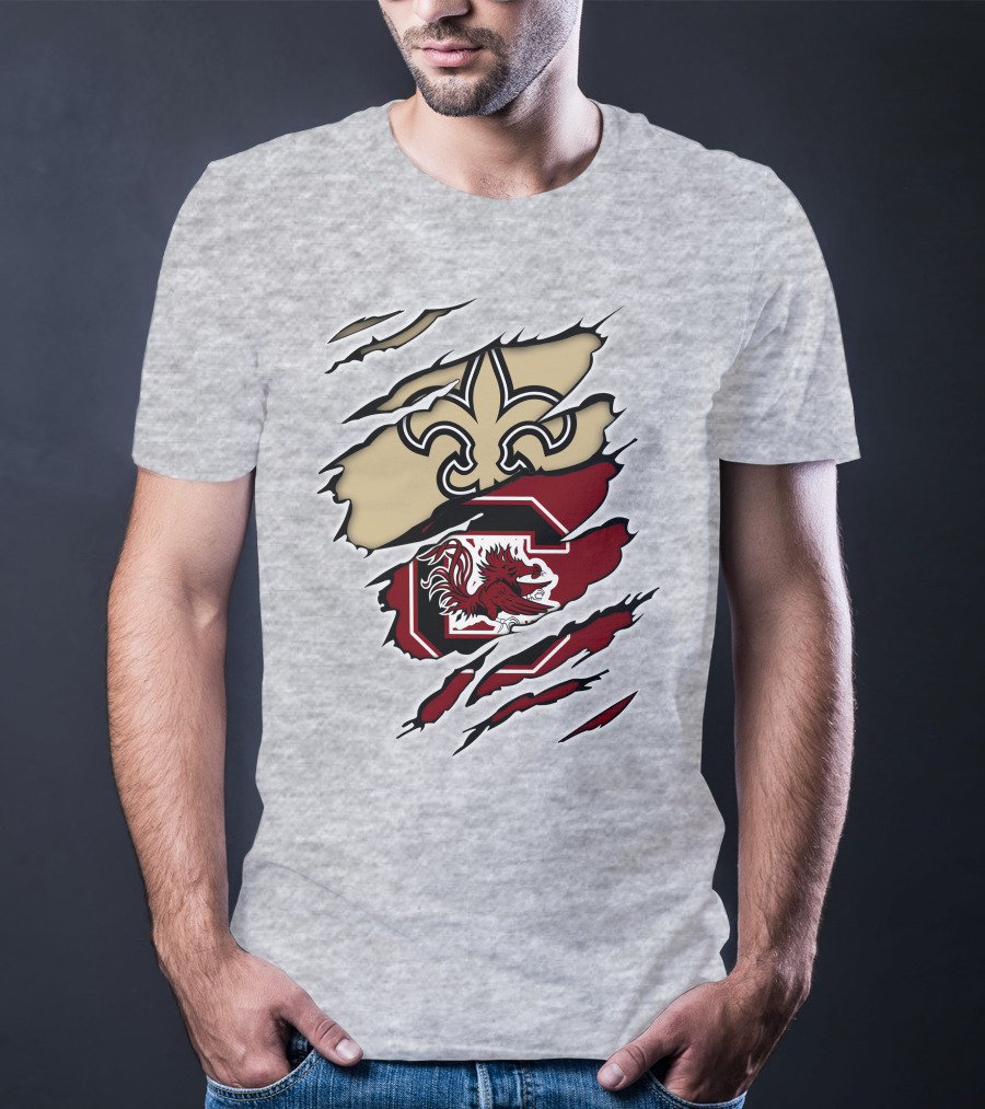 Saints Gamecocks Logo Crossover With Fleur-de-Lis And Fighting Rooster T-Shirt