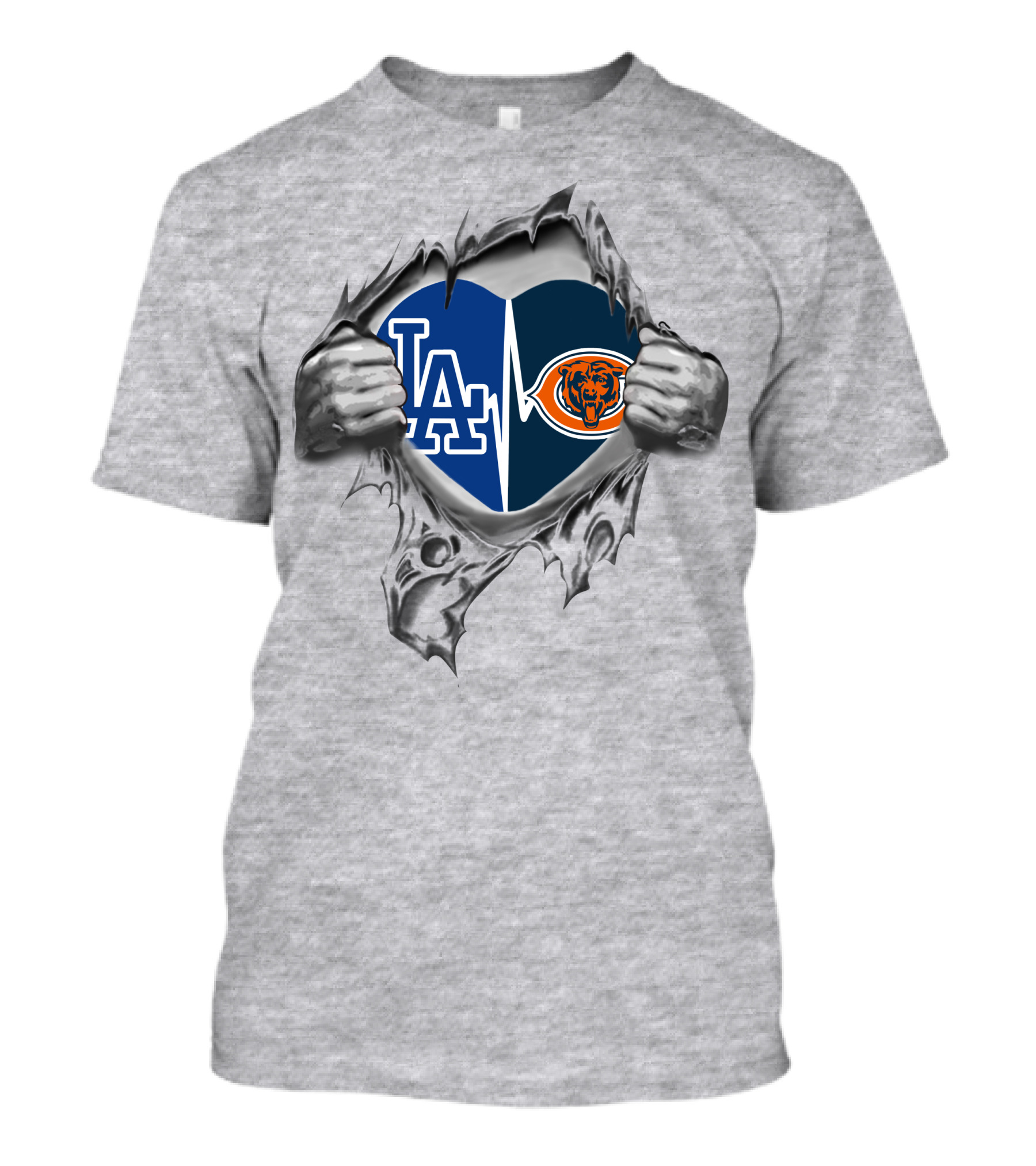 Bears Dodgers Heart With Logos Inside Torn Fabric T-Shirt