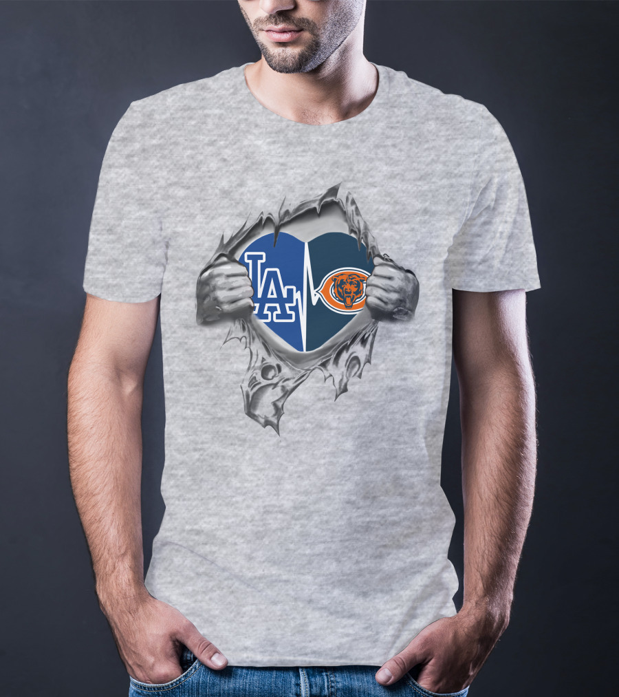 Bears Dodgers Heart With Logos Inside Torn Fabric T-Shirt
