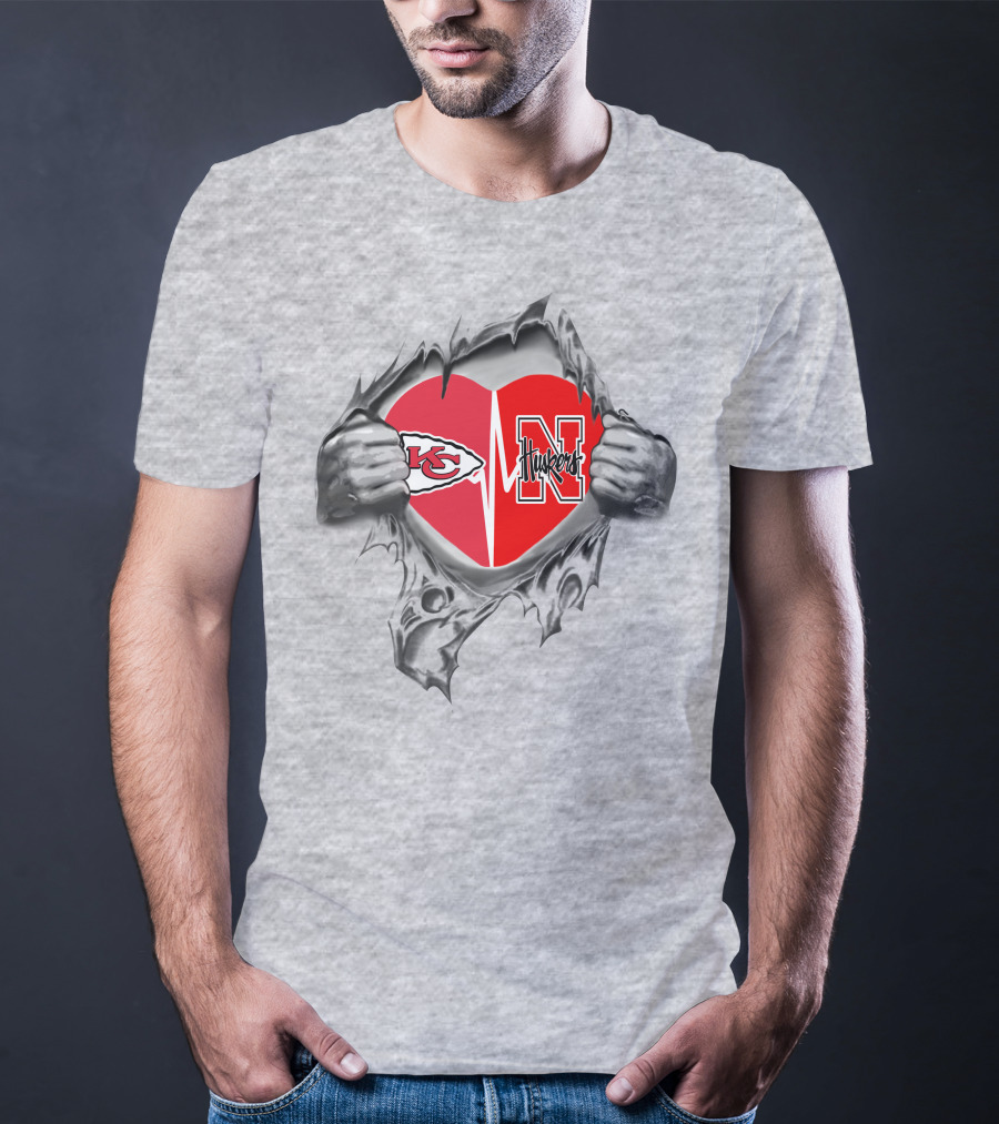 Chiefs Huskers Heart Behind Ripped Steel T-Shirt