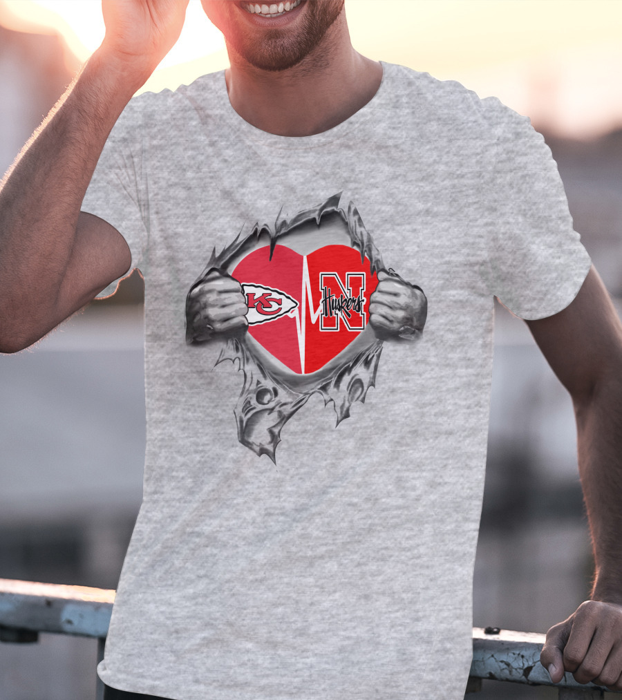 Chiefs Huskers Heart Behind Ripped Steel T-Shirt