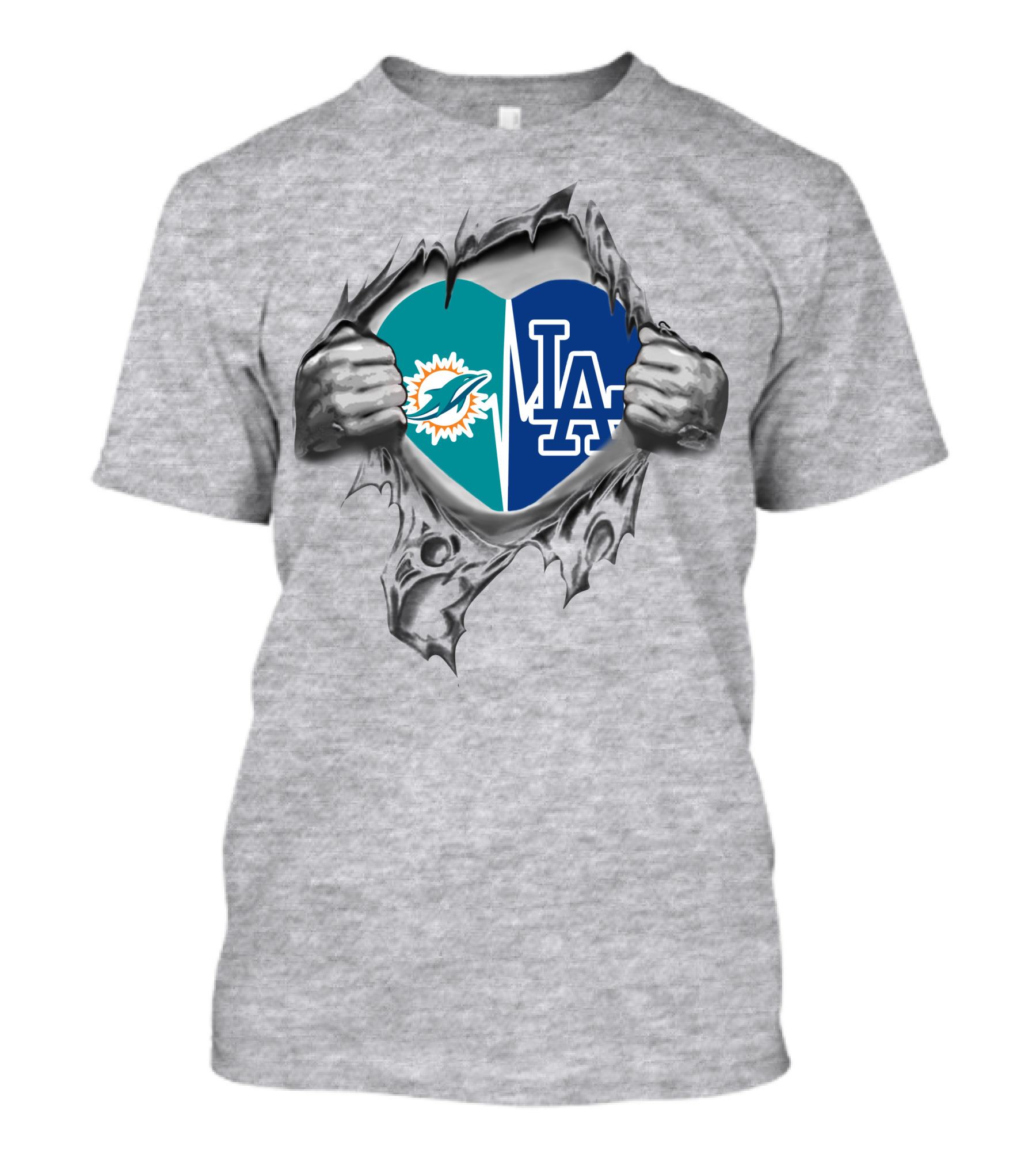 Miami Dolphins LA Dodgers Heart Tear T-Shirt