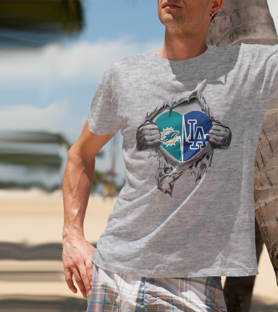 Miami Dolphins LA Dodgers Heart Tear T-Shirt