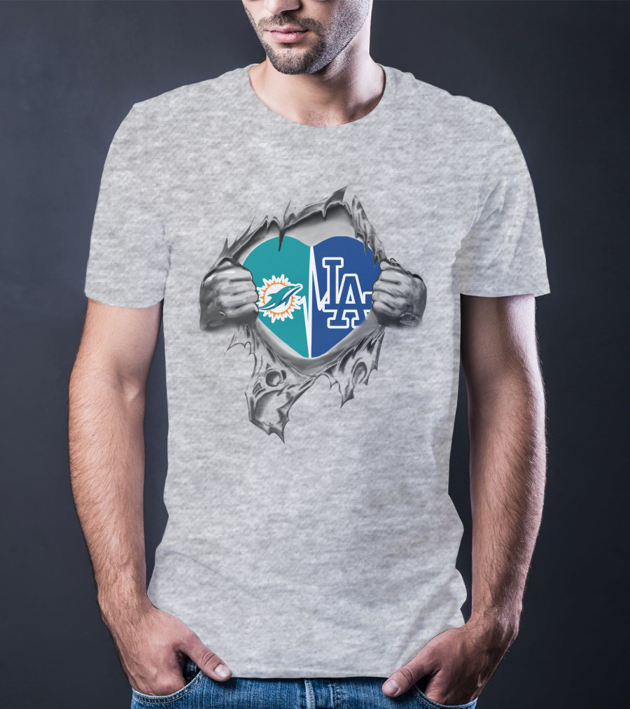 Miami Dolphins LA Dodgers Heart Tear T-Shirt