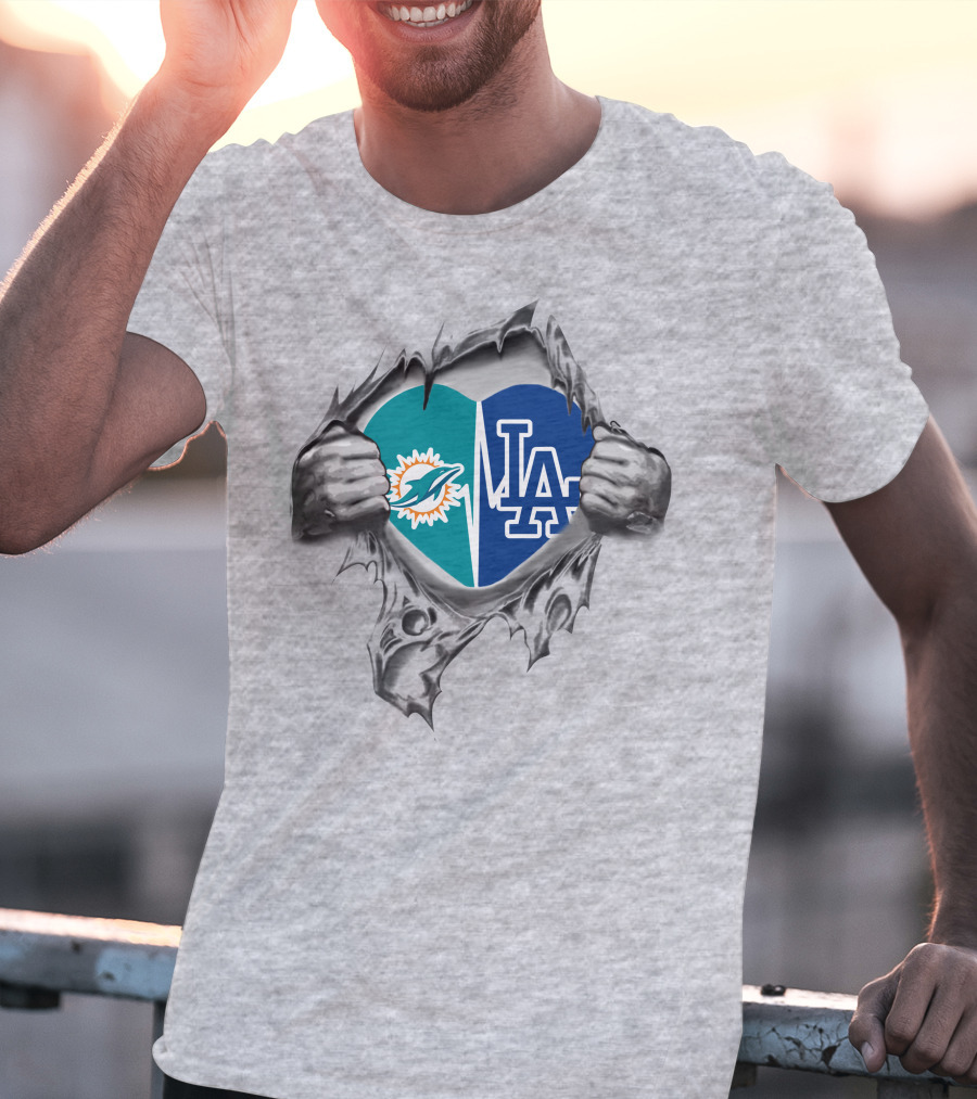 Miami Dolphins LA Dodgers Heart Tear T-Shirt