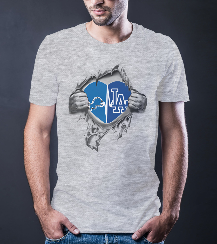 Detroit Lions And Los Angeles Dodgers Heartbeat Passion T-Shirt