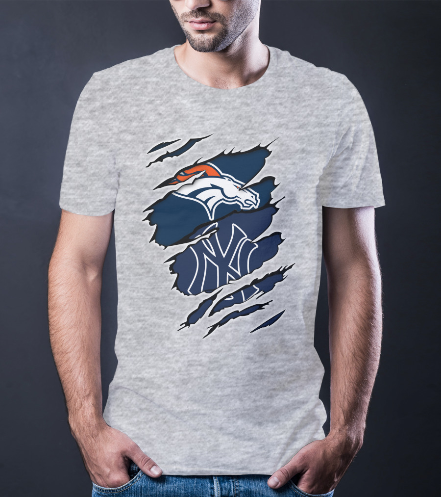 Broncos Yankees Distressed Dual Team Logo Fusion T-Shirt
