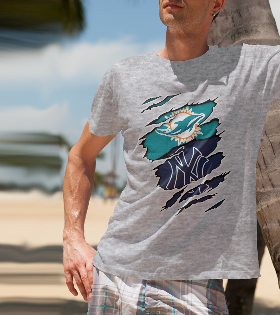 Miami Dolphins New York Yankees Logos Integration T-Shirt