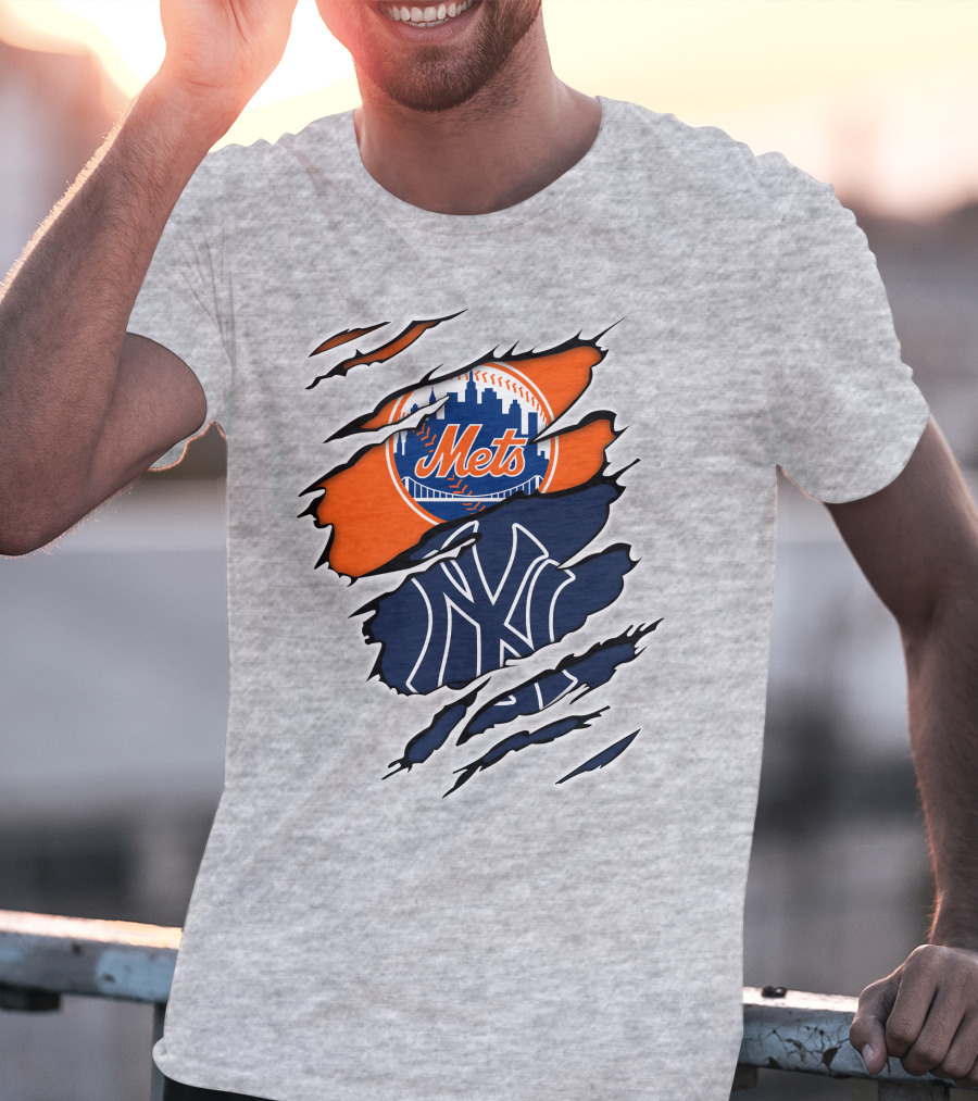 Mets Yankees Logo Tear Skyline Baseball Rivalry T-Shirt