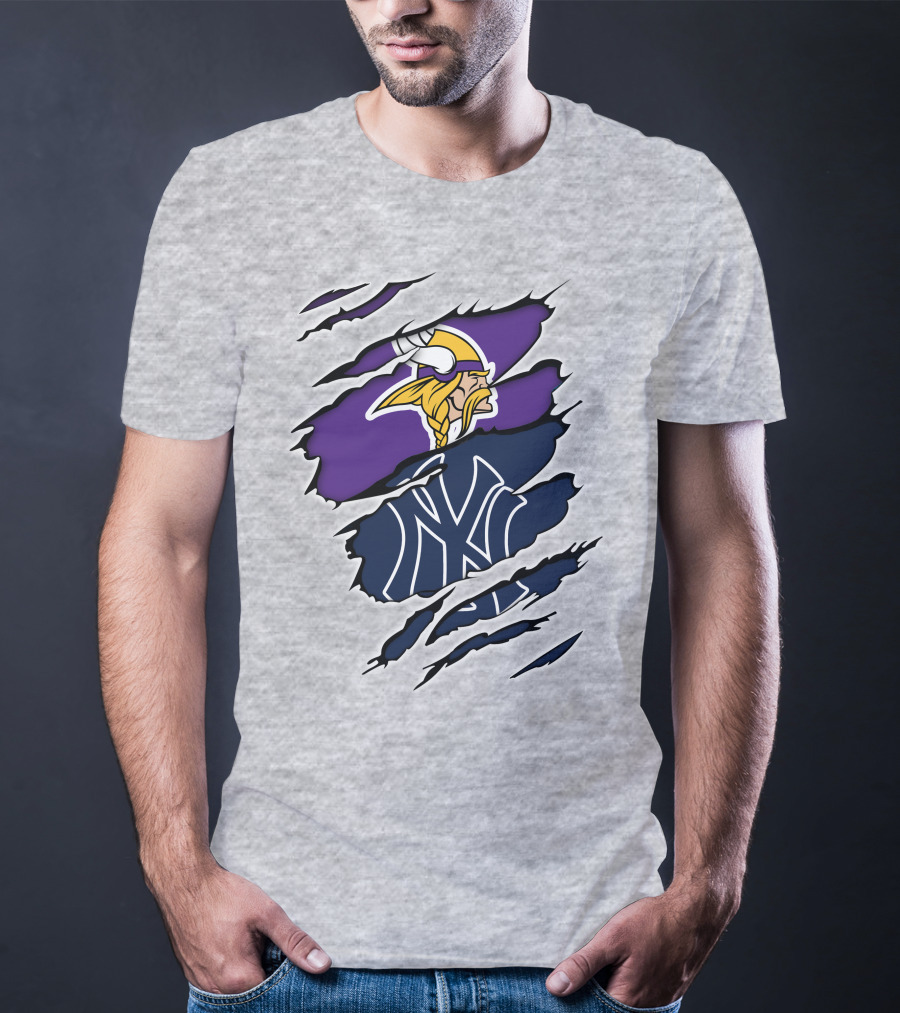 Vikings Yankees Logo Mashup Ripped Effect T-Shirt
