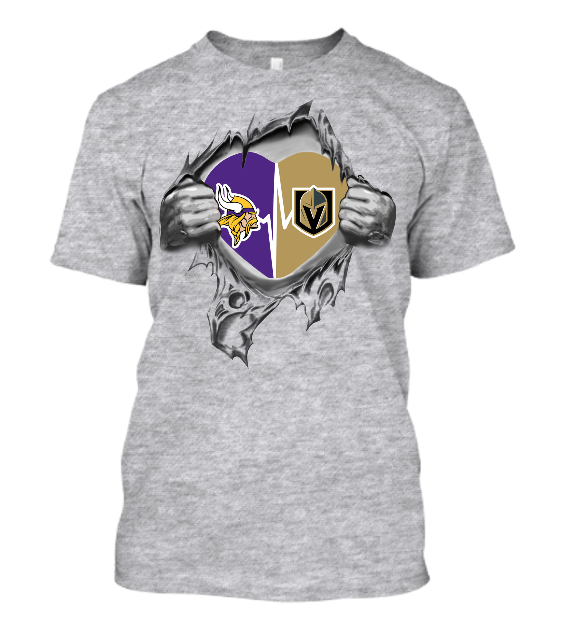 Golden Knights And Vikings Heartbeat Symbol With Torn T-Shirt